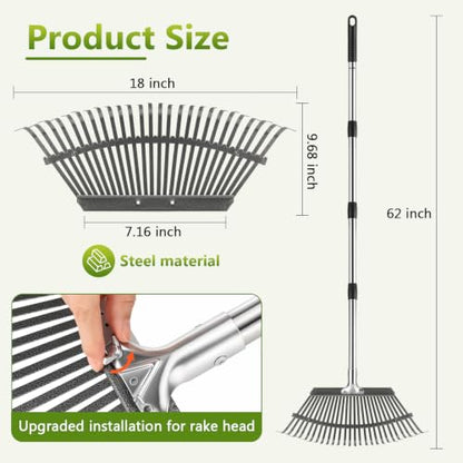 Adjustable Leaf Rake, Lightweight 18" Wide Garden Rake, 62" Long Handle