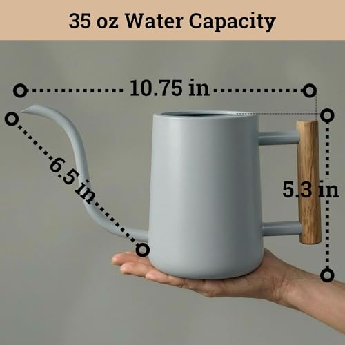Metal Small Indoor Watering Can with Long Spout & Real Wood Handle, 35oz - color: Gray