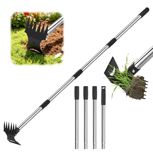 4 Section Long Handle Weed Puller Tool, Garden Tools, Garden Weed Pulling Tool, 60" Adjustable 2-in-1 Weed Rake & Hoe, Heavy Duty Cast Steel Weeder for Garden, Yard, Lawn, Farm, Quick Assembly-Black