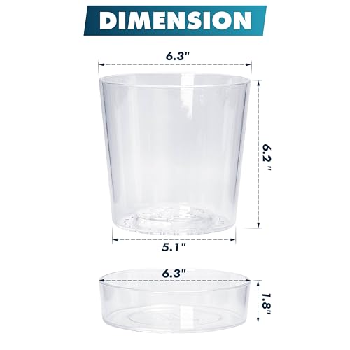 Phoenix Vine 6.5 Inch Clear Acrylic Planter Pot with Tray, Orchid Pot with Drainage Holes, Deep Saucer for Bottom Watering, Transparent Containers for Indoor Plants, Herbs, Set of 1, 91-A-F-1 - size: 6.5 Inch