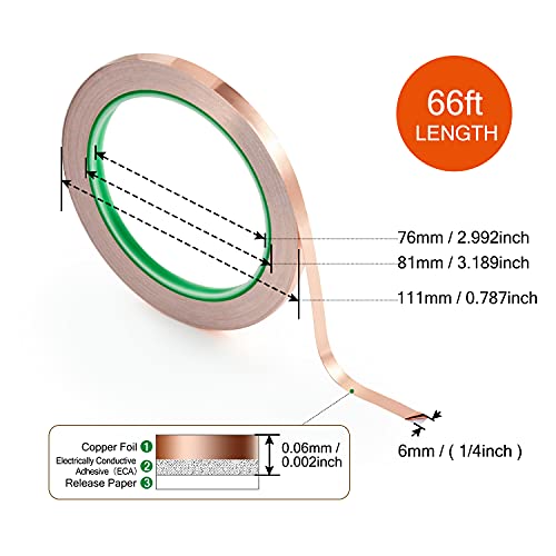 CHANZON 4 Pack Copper Foil Tape 6mm x 66ft Double Sided Conductive Adhesive - size: 2) 1/4inch x 66ft x 4pack
