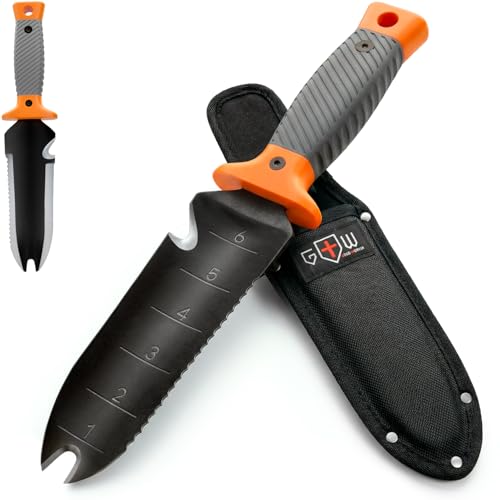 Hori Hori Garden Knife 7" with Sheath – Heavy Duty Stainless Steel Multi-Purpose Tool for Weeding, Digging & Planting, Serrated & Straight Full-Tang Blade Weeding Fork, Non-Slip Handle, Pruning Shears - color: 2.Gray F