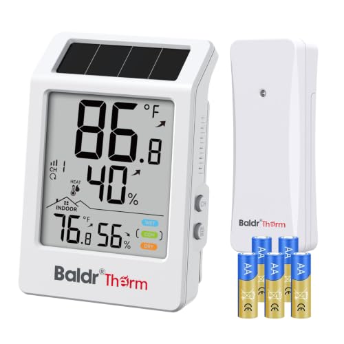 BaldrTherm Indoor Outdoor Thermometer Wireless, Digital Temperature Humidity Monitor, Temperature Gauge with 330ft Range | Solar & Battery Hybrid Power for Greenhouse, Patio, Home, 1 Sensor - color: Thermometer + 1 Sensor