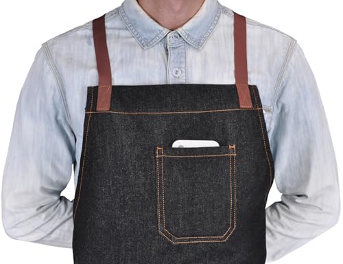 Mens Womens Cooking Apron with Cross Back Straps,Black Denim - color: Black Denim With Cross Back Straps
