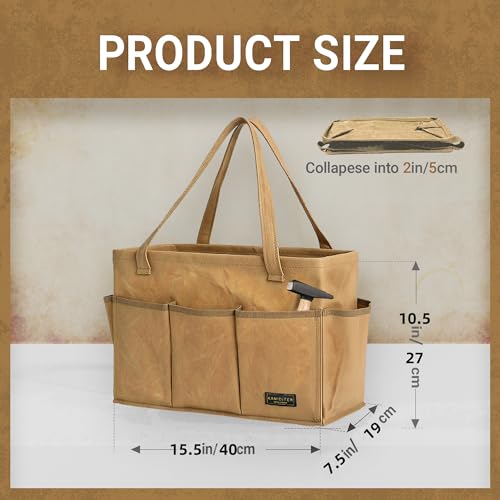 Durable 16OZ Waxed Canvas Tool Bag with Metal Frame, 15.5 Inch Large Collapsible Storage Tool Tote(Khaki | 15.5 X 7.5 X 10.5in) - color: Khaki, size: 15.5 Inch