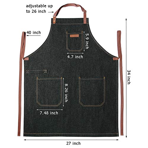 Chef Apron with Pockets & Towel Loop,Mens Womens,Black Denim - color: Black Denim