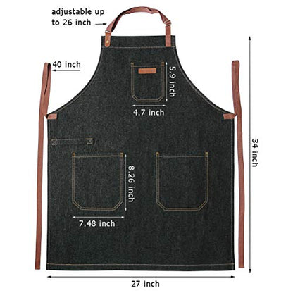 Chef Apron with Pockets & Towel Loop,Mens Womens,Black Denim - color: Black Denim