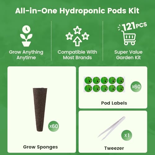 Hydroponic Pods Kit, Compatible with AeroGarden, 121Pcs - size: 121 Pcs-60 Grow Sponges, 60 Labels & 1 Tweezers