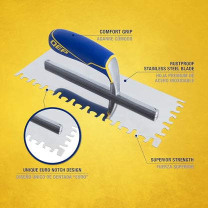 QEP Euro Notch Stainless Steel Trowel with Comfort Grip Handle