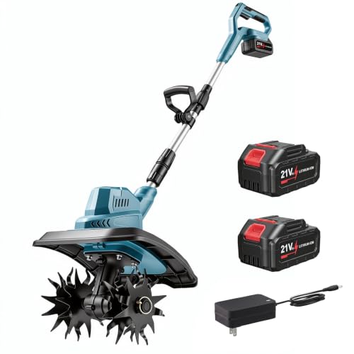 Upgraded Cordless Electric Garden Tiller Cultivator, 400RPM Mini Rototiller, 21V Dual Batteries Powered, 8 Inch Tilling Width & 6.6 Inch Working Depth, Gardening Tool for Lawn Soil Cultivation