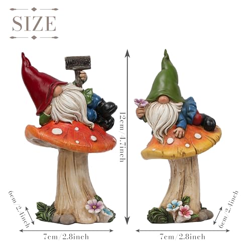 TERESA'S COLLECTIONS Set of 2 Cute Fall Decoration Garden Gnome on Mushroom - size: Medium