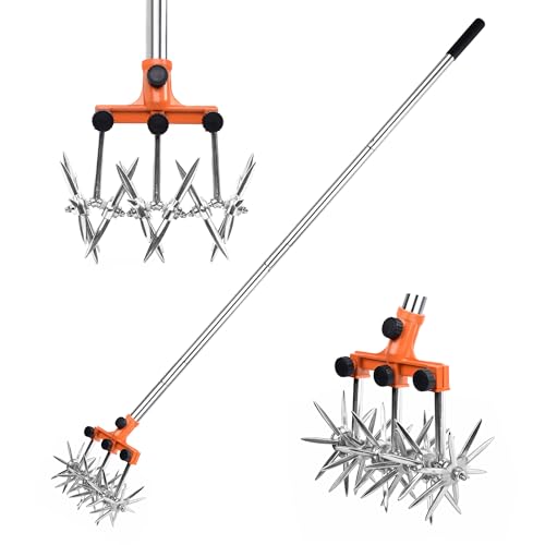 BARAYSTUS Rotary Cultivator Garden Rotary Tiller Adjustable Stainless Steel Poles Hand Tiller for Soil Mixing or Reseeding Grass Lawn Tiller Total Length 57 Inch - color: orange
