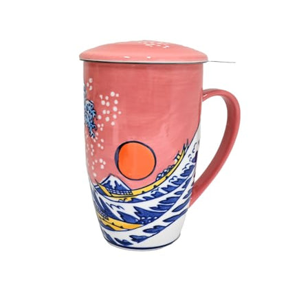 Tea Mug With Lid and Stainless Steel Infuser For Loose Leaf Tea Bag,15oz Tea Cup Porcelain, Hot Beverage Everyday Use Home Office, Gift Boxed (Sunset Wave) - style: Sunset Wave