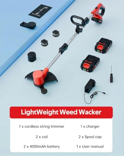21V 2 in 1 Cordless String Trimmer and Edger, 12" Auto-Feed Electric Weed Wacker, Lightweight Weed Eater with 2 X 4Ah Batteries, Grass Cutter Lawn Tool with 2 Line Spools for Garden Yard