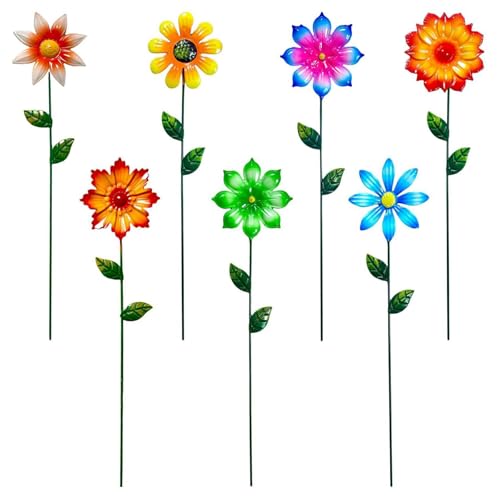 Garden Decor for Outside, 7 Pack Flower Garden Stakes Spring Outdoor Decor Metal Flower Stakes for Yard Porch Lawn Pathway Pot Decorations