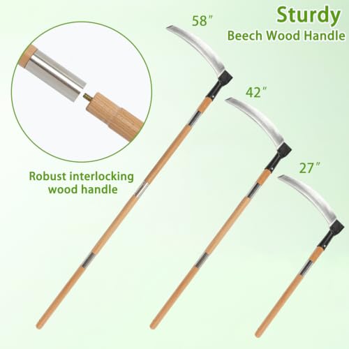Beech Wood Long Handle Weeding Sickle, 12.6'' Sharp Blade for Efficient Weed & Brush Clearing, Upright Scythe for Weeding Farm Harvesting Clearing Vines Yard Gardening Pruning