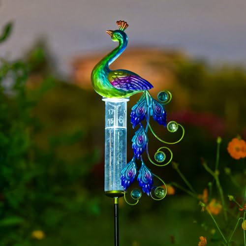 Peacock Rain Gauge Outdoor 36.6" Solar Powered Rain Gauges - color: Green Peacock