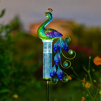 Peacock Rain Gauge Outdoor 36.6" Solar Powered Rain Gauges - color: Green Peacock