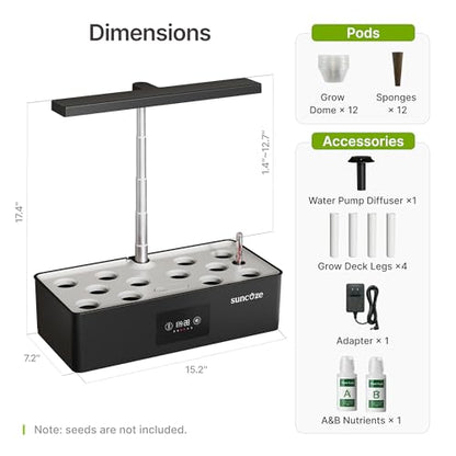 SUNCOZE Hydroponics Growing System Kit with 24W Dimmable LED Light, Black - color: Black