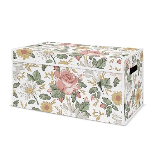 Sweet Jojo Designs Vintage Floral Boho Girl Small Fabric Toy Bin Storage Box Chest for Baby Nursery or Kids Room - Blush Pink, Yellow and Green Shabby Chic Rose Flower Farmhouse - color: Pink, Green