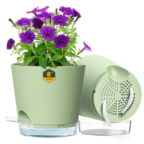 Meowell 8 inch Self Watering Pots for Indoor Outdoor Plants, 2 Pack Flower Plant Pots with Drainage Holes & Clear Reservoir for Visible Water Level, Plastic Wicking Planters for House Plants, Green - color: Green, size: 8 in 2pcs