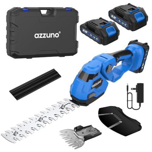 AZZUNO Cordless Hedge Trimmer, 21V Electric Grass Shears Shrubbery Trimmer with 2×2Ah Battery，2-in-1 Handheld Grass Cutter Shrub Trimmer for Gardens, Yards, Lawns, Including Charger - style: 2 battery with Charger