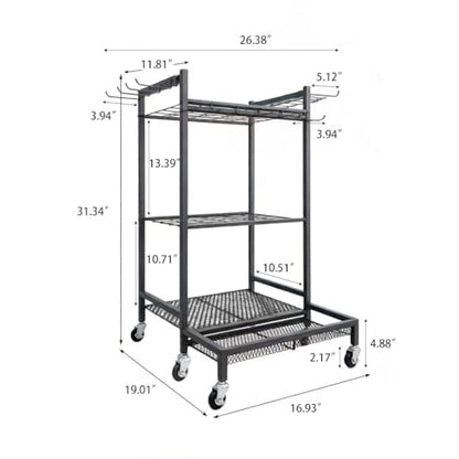 Garden Tool Organizer Rack with Wheels Up to 30-35 Tools, Heavy-Duty Steel Yard Tool Organizer for Garage Storage with 11 Hooks, Broom Holder & Garden Tool Rack for Shed, Patio, Lawn, Outdoor, Black