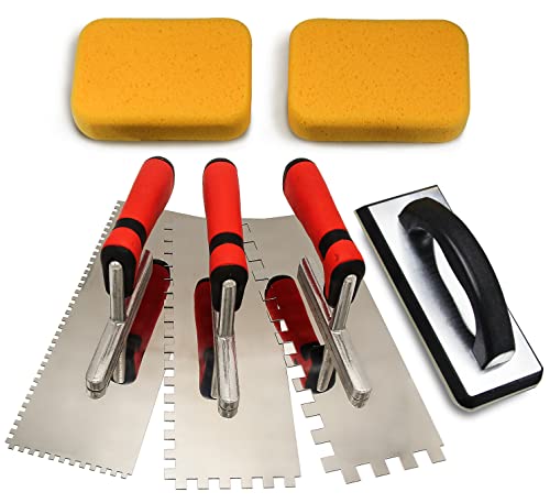 Tile Tools Stainless Steel Square Notch Trowel Set Plus Rubber Grout Float and Grout Sponge for Tiling Installation Grouting