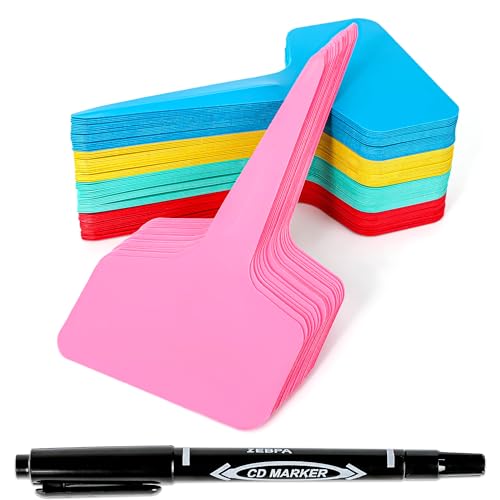 Xgunion Plant Labels Tags 200Pcs T-Type Markers 5 Colors with Marking Pen - color: Mix-color