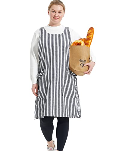 Big Plus Size Aprons for Women with Pockets Cotton Linen Baking Kitchen Cooking - color: Black Stripes