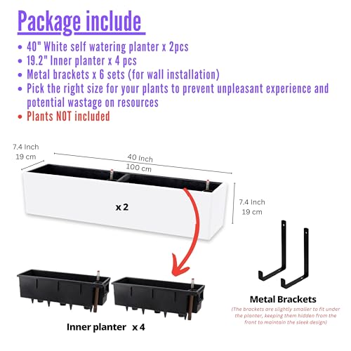LaLaGreen Hanging Planter Boxes Outdoor (40 Inch, 2 Pack) Extra Large Window Flower Box with Bracket, White Rectangular Self Watering System Vertical Plant Container Wall Mount Indoor Succulents Herbs - color: White X 2