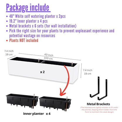 LaLaGreen Hanging Planter Boxes Outdoor (40 Inch, 2 Pack) Extra Large Window Flower Box with Bracket, White Rectangular Self Watering System Vertical Plant Container Wall Mount Indoor Succulents Herbs - color: White X 2