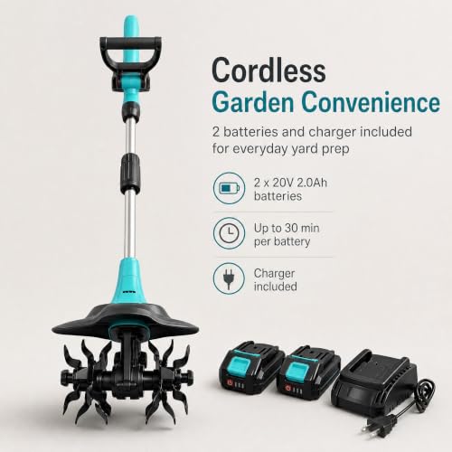 20V Cordless Tiller Cultivator 9" Wide Mini Garden Tiller with 2 Batteries