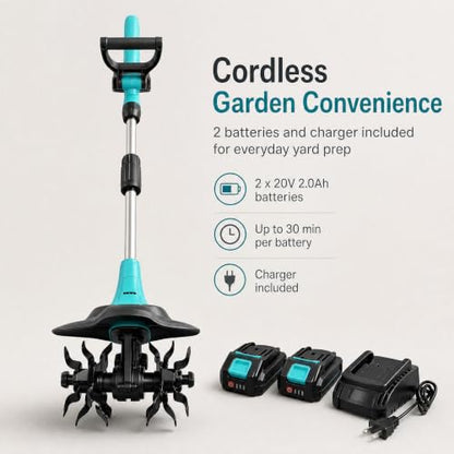 20V Cordless Tiller Cultivator 9" Wide Mini Garden Tiller with 2 Batteries