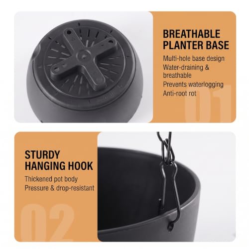 2 Pack Self Watering Hanging Planters: 9.7 Inch Pots with Chain Tray, Black - color: Black