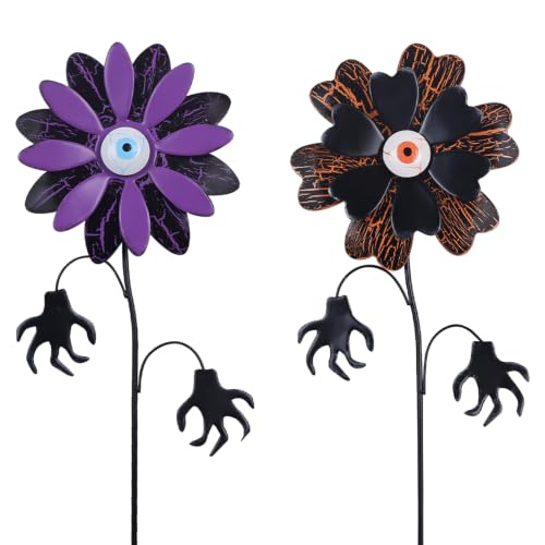 YEAHOME Halloween Decorations Outdoor, Set of 2 Metal Flowers Garden Stakes with Scary Eyeball for Halloween Decor, Metal Yard Signs for Outside Garden Lawn Porch Patio Party Decorations - color: Purple, Yellow, Black