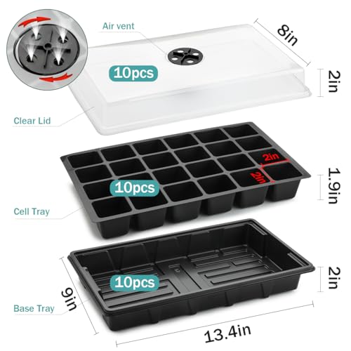 10-Pack Seed Starting Trays with Humidity Dome & Large 24-Cell 2" Plug Tray - color: Black, size: 10 Sets