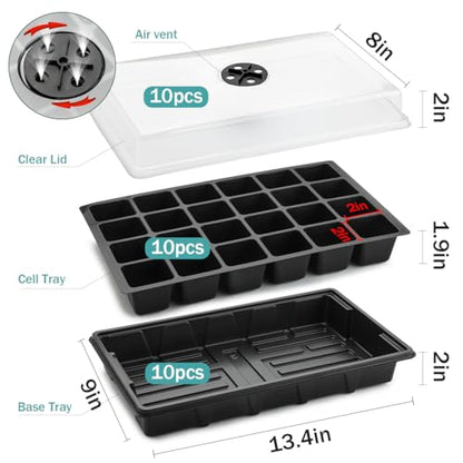 10-Pack Seed Starting Trays with Humidity Dome & Large 24-Cell 2" Plug Tray - color: Black, size: 10 Sets