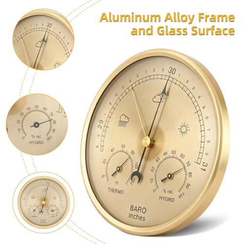 3-in-1 Analog Weather Station, 132mm Barometer Thermometer Hygrometer, Accurate Fahrenheit Readings, Indoor Outdoor Air Pressure Temp Humidity Monitor- Golden