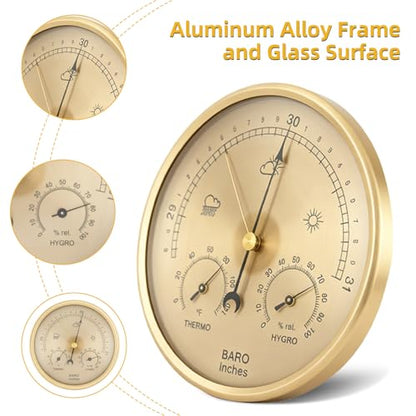 3-in-1 Analog Weather Station, 132mm Barometer Thermometer Hygrometer, Accurate Fahrenheit Readings, Indoor Outdoor Air Pressure Temp Humidity Monitor- Golden