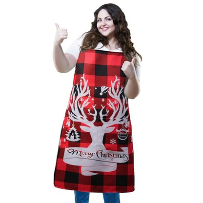 Plus Size Adjustable Bib Apron Water Resistant Canvas Extra Wide Long Ties Aprons with 2 Pockets Kitchen Cooking Gardening - color: Christmas Reindeer on Red-black Plaid