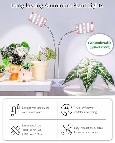 2-Head Clip Plant Light, Dimmable Grow Light with Timer