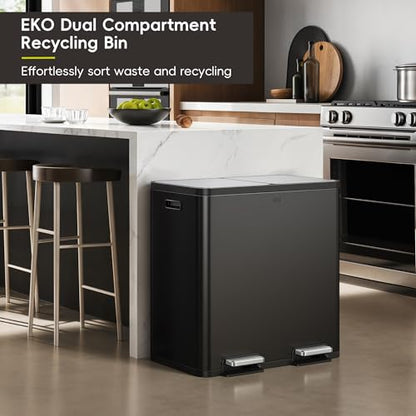 EKO EcoCasa Plus 2 x 10.6 Gal (2 x 40 L) Dual Trash Can for Kitchen, Large Stainless Steel Step-On Garbage Can, Trash and Recycle Bin Combo with Soft-Close Lids, Removable Buckets, Matte Black - color: Matte Black, size: 40L+40L