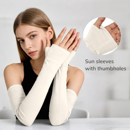 netdraw Unisex Bamboo Viscose Arm Sleeves with Thumb Hole - color: Beige, size: Small-Medium