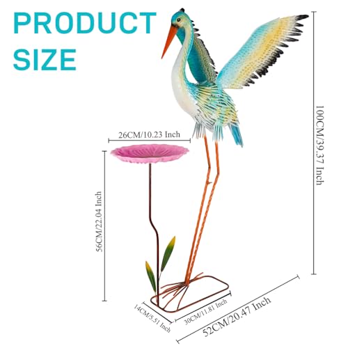 39" Large Heron Garden Statue,Crane Outdoor Statues with Leaf Tray - color: 39 Inch Green+pink With Leaf Tray