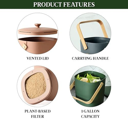 Bamboozle - 1 Gallon Compost Bin, Comes with Hemp-Based Filter, Sustainable Materials, Indoor Countertop Composter, Home & Garden Supplies, Terracotta