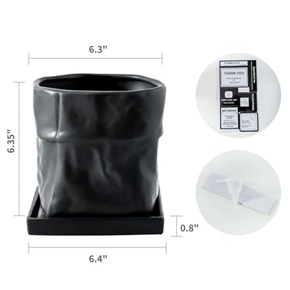 Nihow 6 Inch Ceramic Plant Pot with Drainage & Square Saucer,Black - color: Black, size: 6 Inch