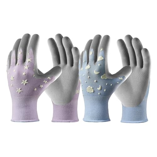 COOLJOB Glow in The Dark Kids Gardening Gloves for Age 9-12, 2 Pairs Children Reflective Yard Work Rubber Coated Gloves, Light Blue with Cloud & Moon, Purple with Stars, Large - color: Light Blue & Purple, size: Large
