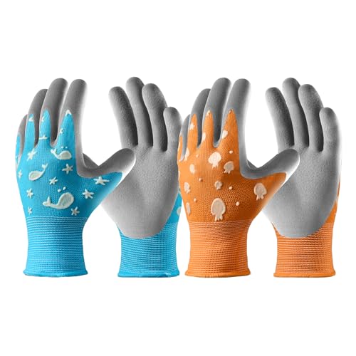 COOLJOB Glow in The Dark Kids Gardening Gloves for Age 9-12, 2 Pairs Children Reflective Yard Work Rubber Coated Gloves, Blue with Whale, Orange with Jellyfish, Large - color: Dark Blue & Orange, size: Large