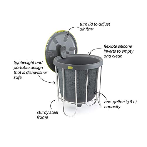 Polder Kitchen Composter-Flexible Silicone Bucket inverts for Emptying and Cleaning - no Need to Touch Contents- Adjustable lid for Ventilation & Airflow Control, Gray/Green
